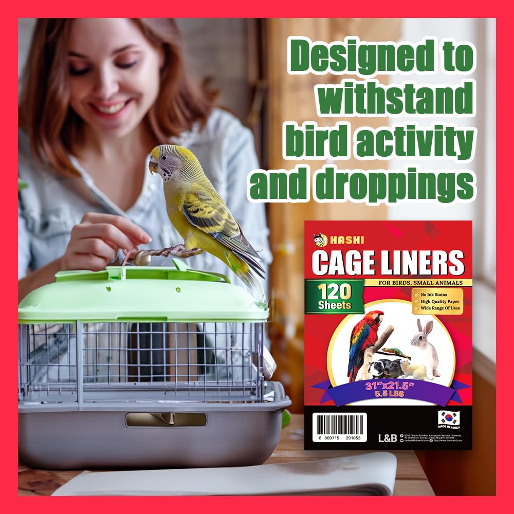 HASHI Bird Cage Liner - 120 Disposable Sheets, 31" x 21.5", 5.5 lb - Made from Acid-Free Newsprint. Non-Toxic for Birds, Ideal for Packing, Pet Cages, Crafts, Shipping, and Moving. Easy to Clean