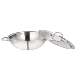 WG inc TRIPLY Stainless Steel Kadhai with Lid - Tri-Ply Wok Cookware - Sauces, Stews, Deep Frying Saute Pan Induction Friendly - Dishwasher Safe (9.5" Dia) (2.5 QT / 2.4 Litres)