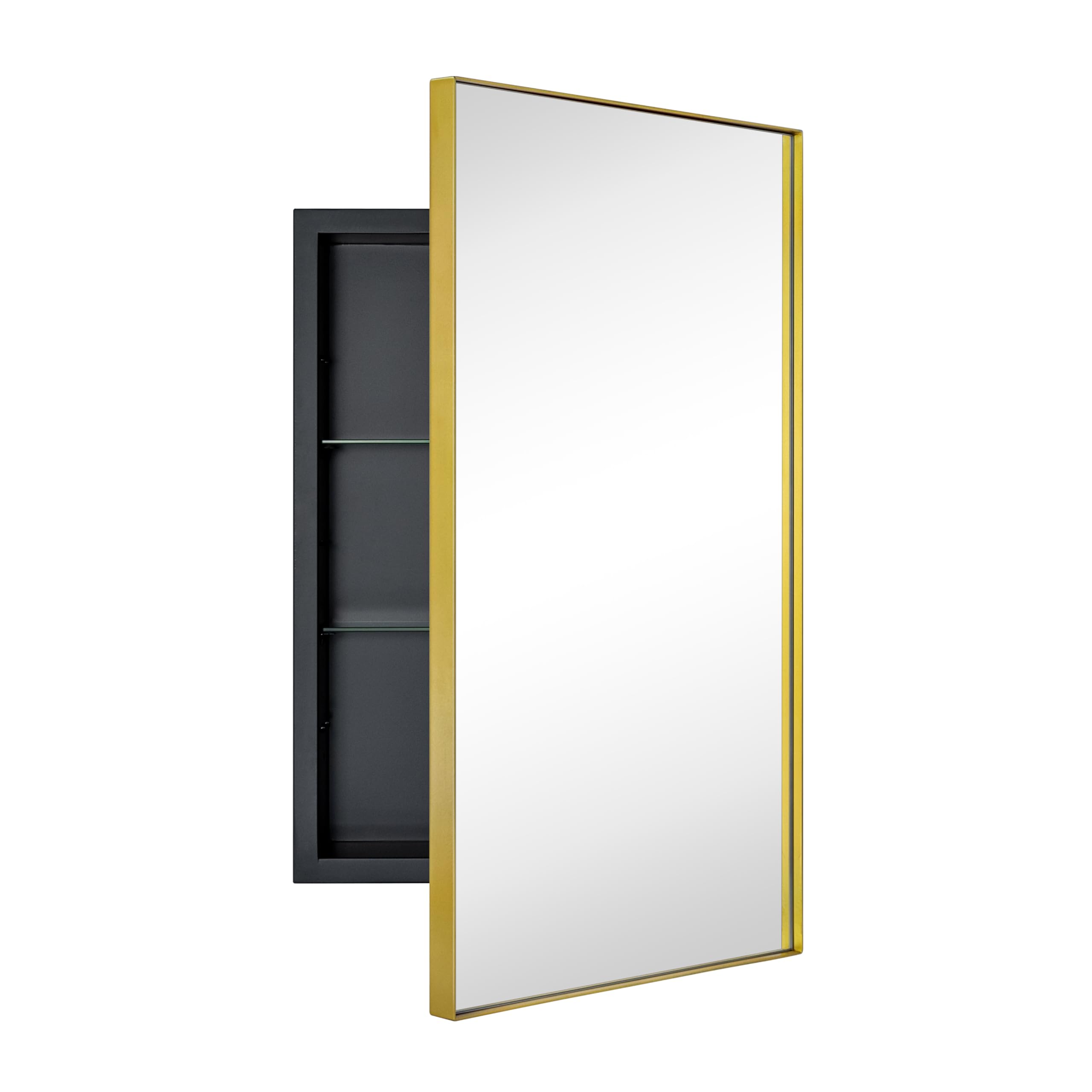 TEHOME Recessed Mount 16x26'' Squared Rectangle Brushed Gold Bathroom Medicine Cabinet with Mirror Gold Metal Framed Rectanglular Medicine Cabinet 2 Adjustable Glass Shelves