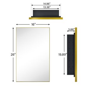 TEHOME Recessed Mount 16x26'' Squared Rectangle Brushed Gold Bathroom Medicine Cabinet with Mirror Gold Metal Framed Rectanglular Medicine Cabinet 2 Adjustable Glass Shelves