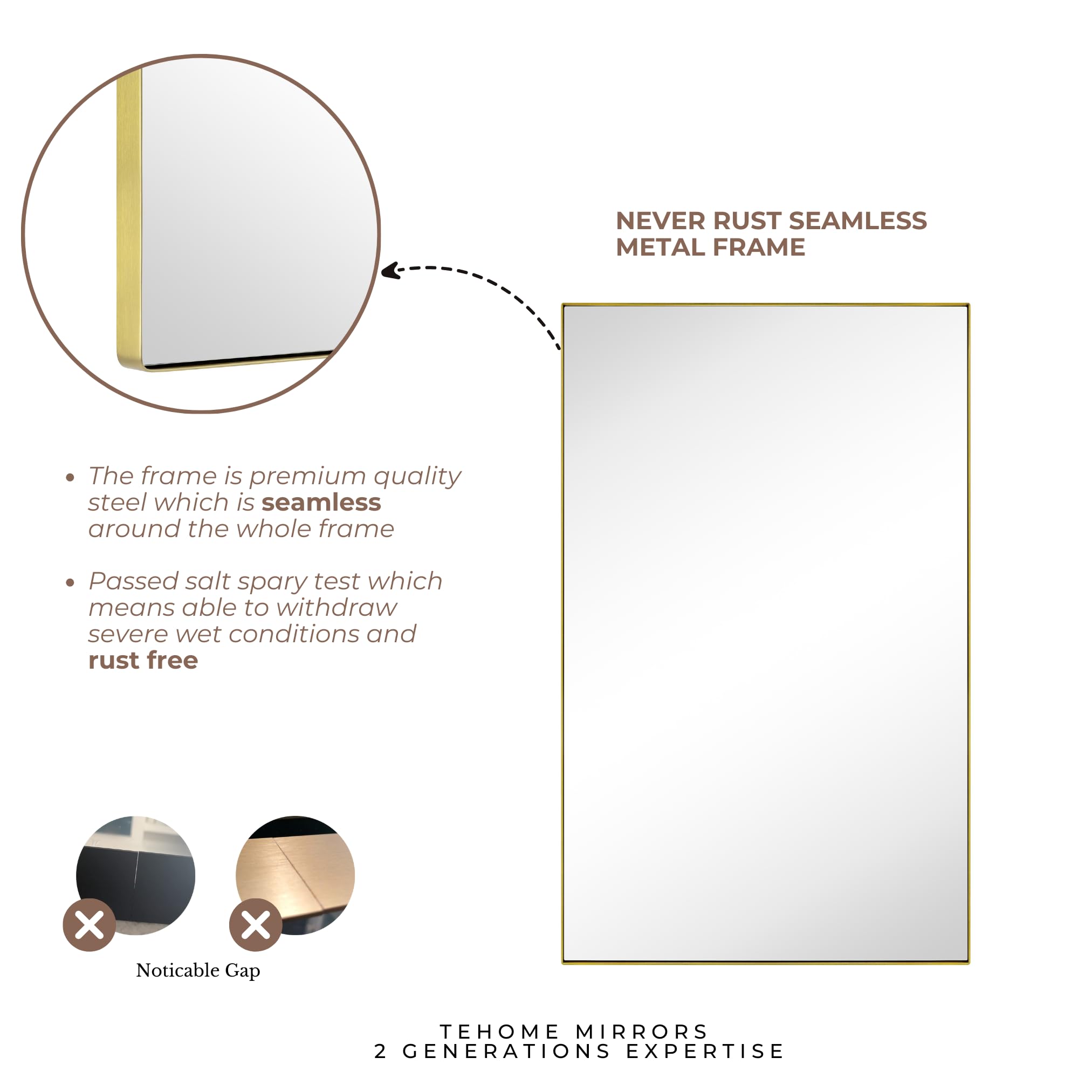 TEHOME Recessed Mount 16x26'' Squared Rectangle Brushed Gold Bathroom Medicine Cabinet with Mirror Gold Metal Framed Rectanglular Medicine Cabinet 2 Adjustable Glass Shelves