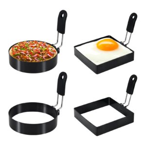 4" egg rings set of 4, round and suqare egg rings for frying eggs with silicone handle large egg ring stainless steel egg cooking rings for griddle frying eggs egg mcmuffins breakfast