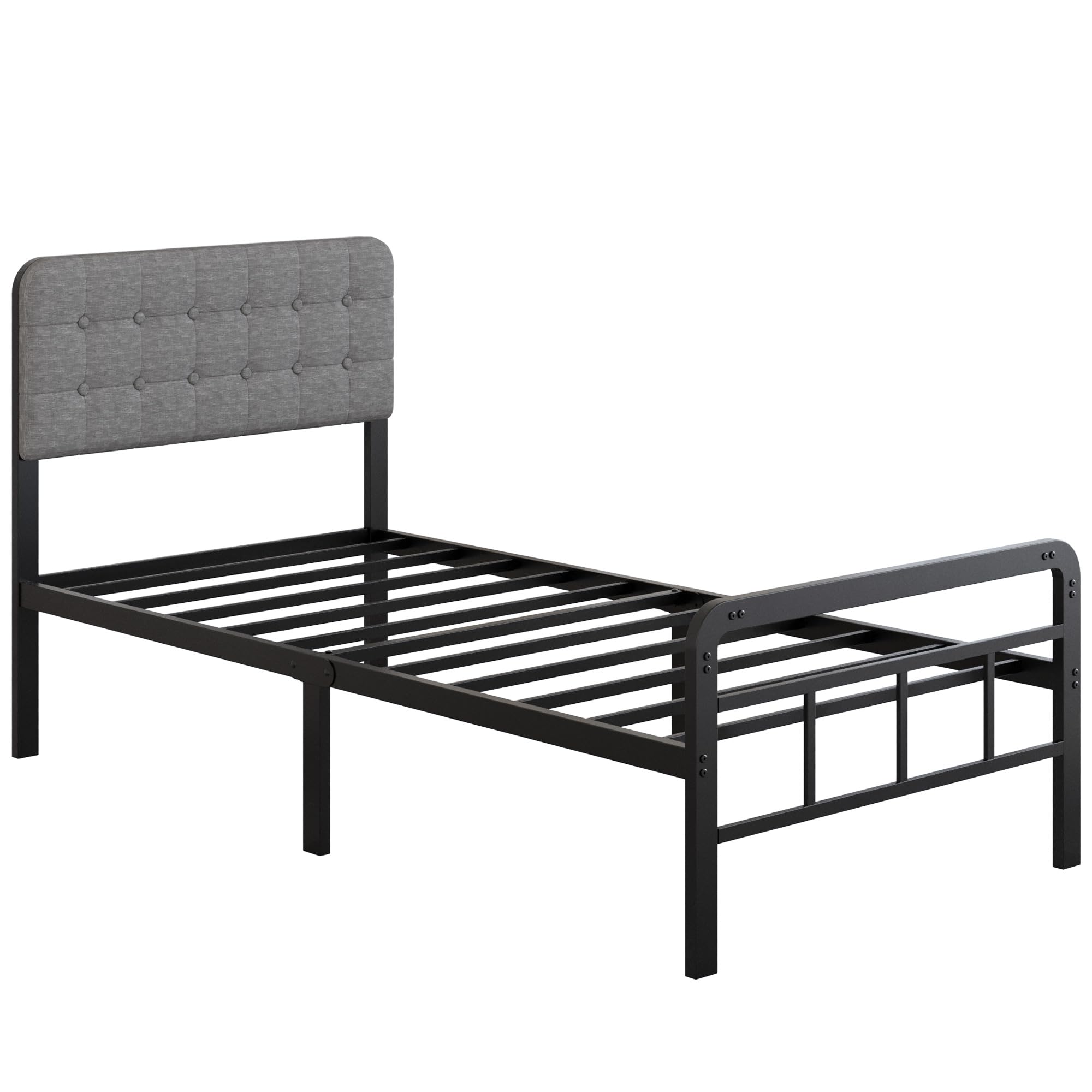 Cieemine Twin XL Bed Frame with Upholstered Headboard and Metal Footboard 14 Inch, XL Twin Platform Bed Frame with Strong Metal Slats Support, Grey, Under Bed Storage, Noise Free, Easy Assembly