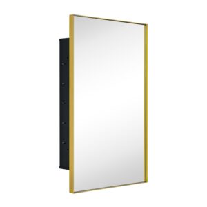 TEHOME Recessed Mount 16x26'' Squared Rectangle Brushed Gold Bathroom Medicine Cabinet with Mirror Gold Metal Framed Rectanglular Medicine Cabinet 2 Adjustable Glass Shelves