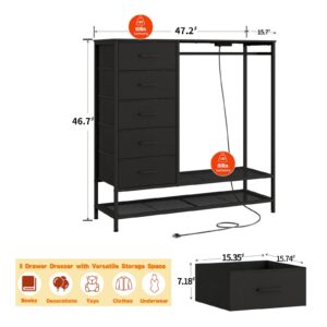 Dresser for Bedroom, Dresser with Hanging Rack Led Lights and Charging Station, Black Bedroom Dresser with 5 Fabric Chest of Drawers with PU Finish Storage Organizer, for Living Room Kids Room, Black