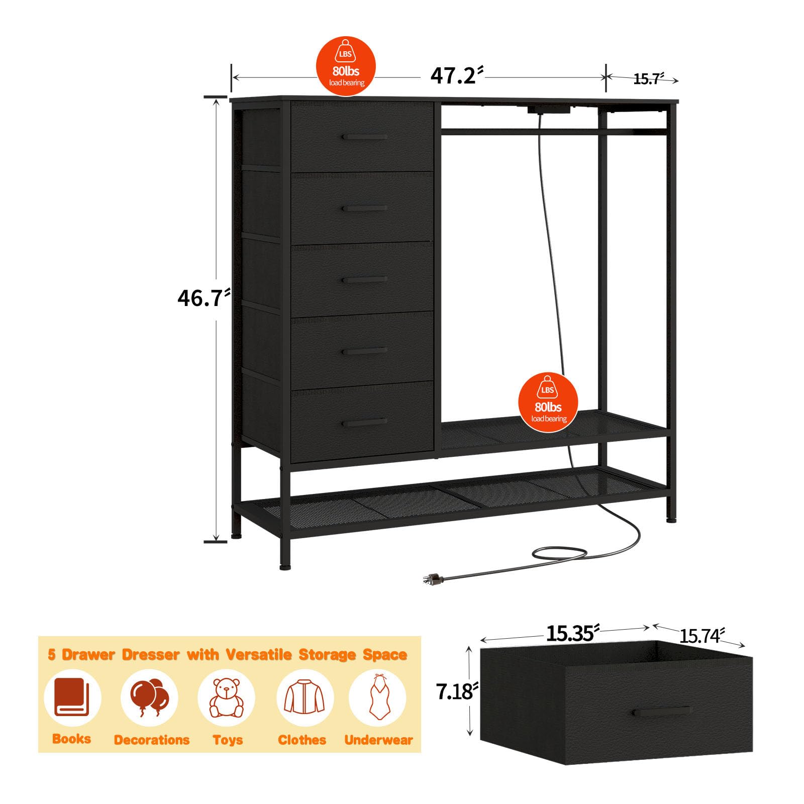 Dresser for Bedroom, Dresser with Hanging Rack Led Lights and Charging Station, Black Bedroom Dresser with 5 Fabric Chest of Drawers with PU Finish Storage Organizer, for Living Room Kids Room, Black