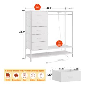 Dresser for Bedroom, Dresser with Hanging Rack Led Lights and Charging Station, White Bedroom Dresser with 5 Fabric Chest of Drawers with PU Finish Storage Organizer, for Living Room Kids Room, White