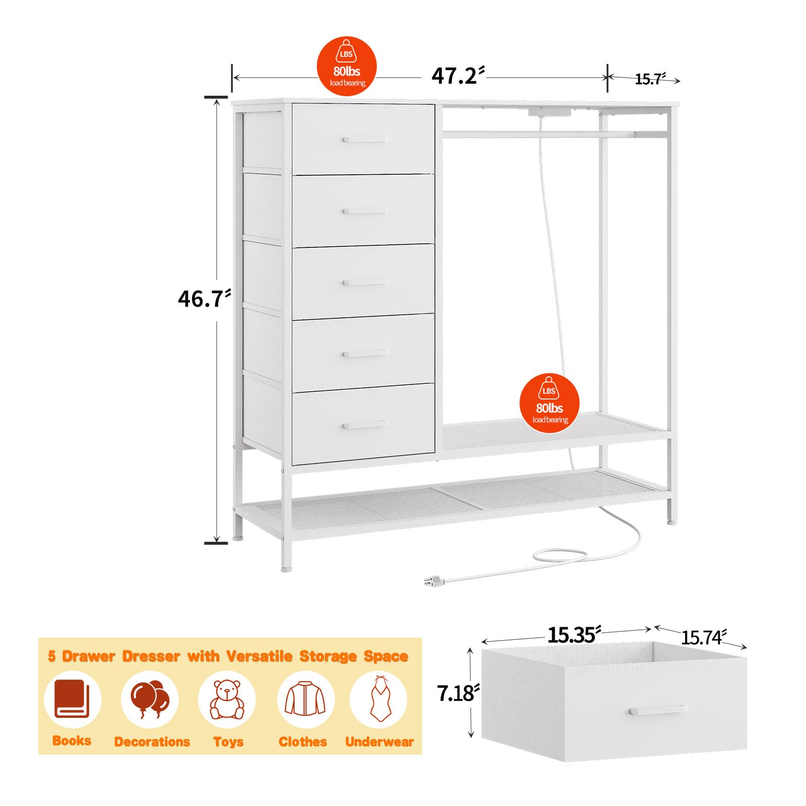 Dresser for Bedroom, Dresser with Hanging Rack Led Lights and Charging Station, White Bedroom Dresser with 5 Fabric Chest of Drawers with PU Finish Storage Organizer, for Living Room Kids Room, White