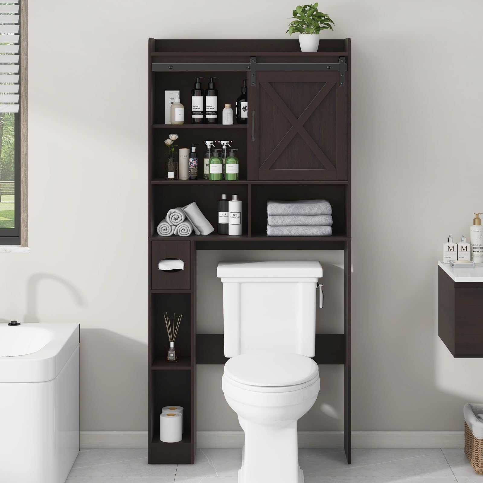 Over The Toilet Storage Cabinet, Farmhouse Storage Cabinet Over Toilet with Sliding Barn Door & Toilet Paper Holder Stand，Home Space-Saving Toilet Rack, for Bathroom, Restroom, Laundry