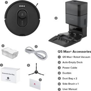 roborock Q5 Max+ Robot Vacuum with Self-Empty Dock, Upgraded from Q5+, 5500 Pa Suction, DuoRoller Brush, Hands-Free Cleaning for up to 7 Weeks, PreciSense LiDAR Navigation, App & Voice Control