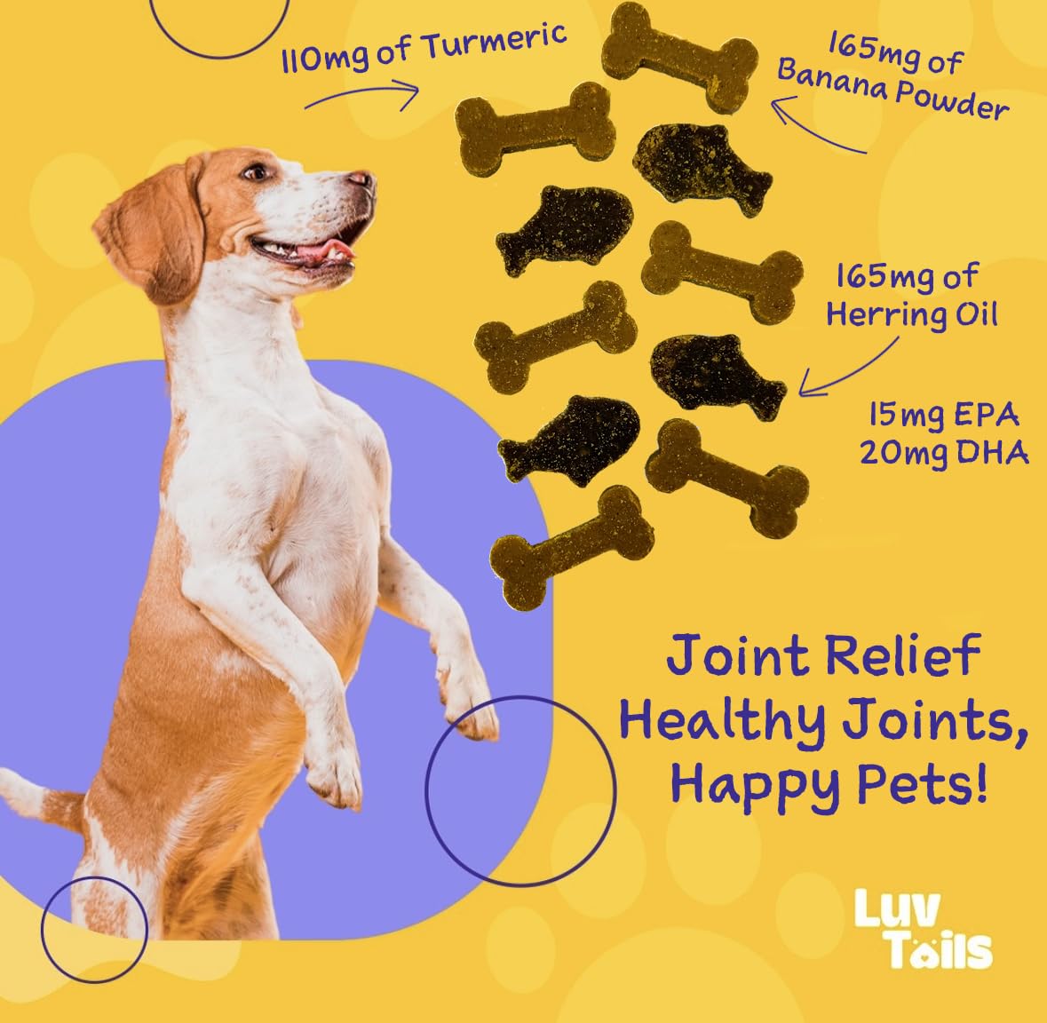 LuvTails Joint Relief Soft Chew Supplements for Dogs, Omega 3 for Dogs Chewable EPA, DHA Dog Omega 3 Supplement with Herring Oil, Turmeric, Banana Powder 60 Chews