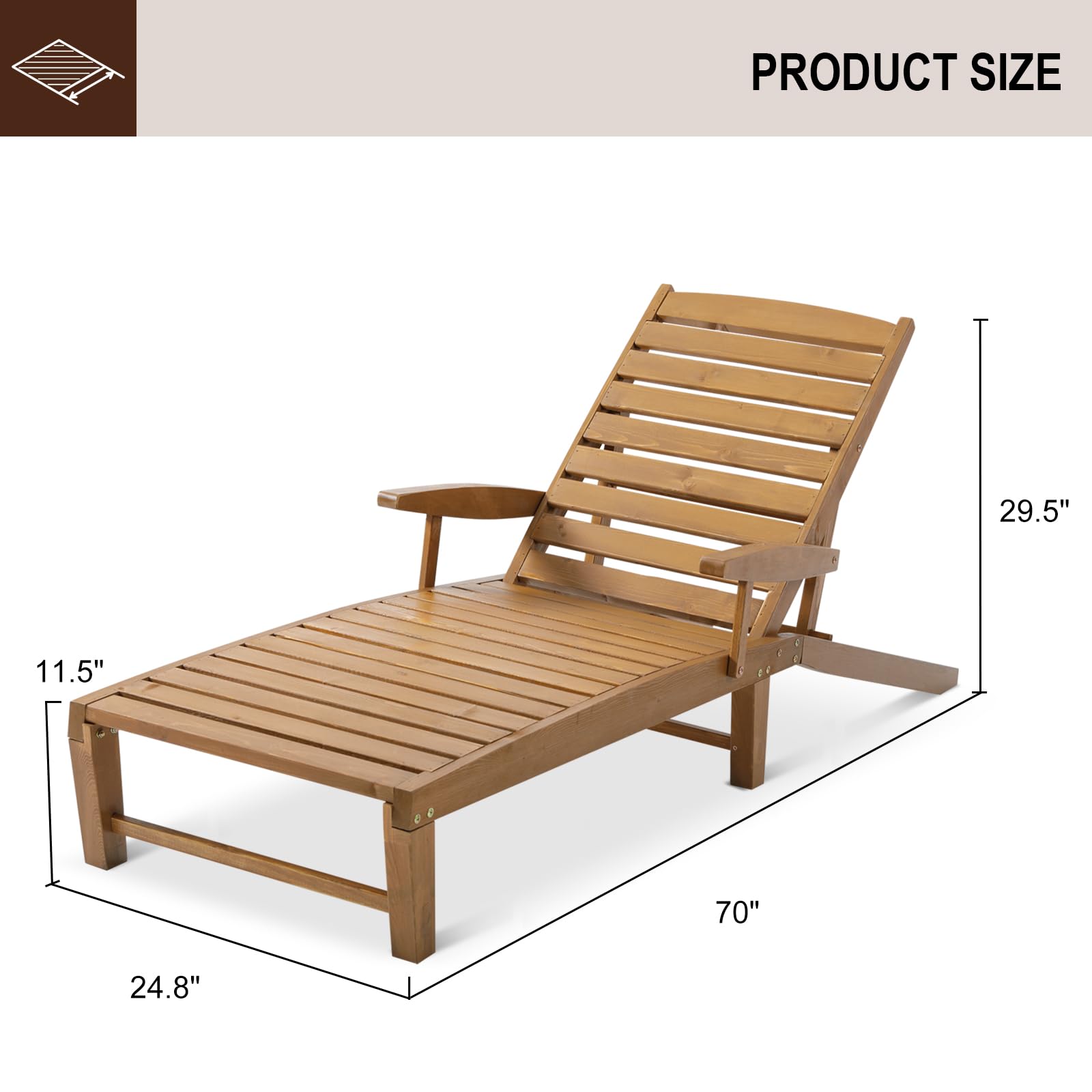 FURNDOOR Outdoor Chaise Lounge Chairs Set of 2, Patio Wood Lounge Chair with Adjustable Backrest for Poolside, Porch, Patio