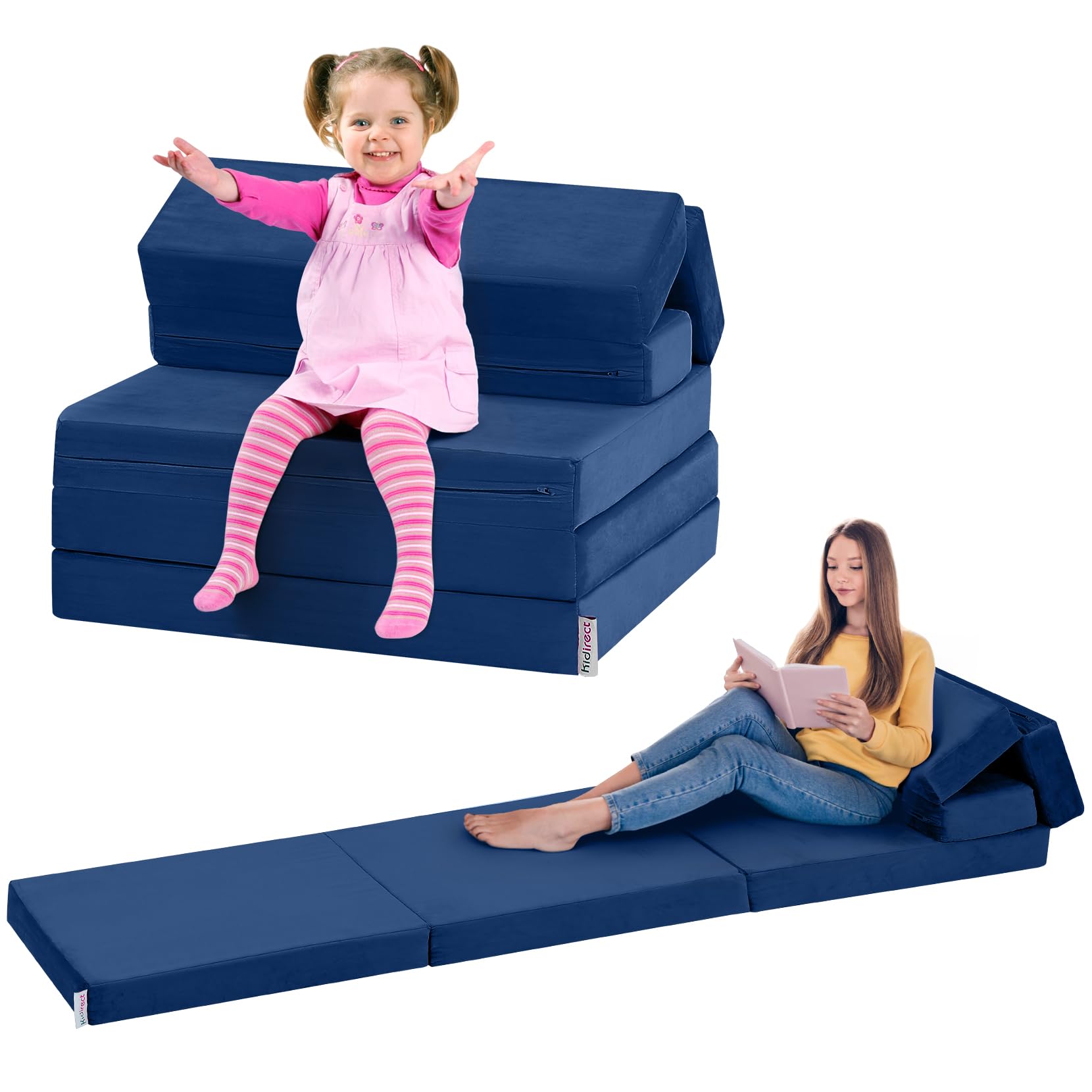 Toddler Couch, Kidirect K1 6-in-1 Kids Folding Sofa Bed, Convertible Kids Sofa Couch to Toddler Sofa Bed Lounger, Comfy Fold Up Floor Bed Nap Mat, Yoga Exercise, Foldable Floor Mattress for Kids(Blue)