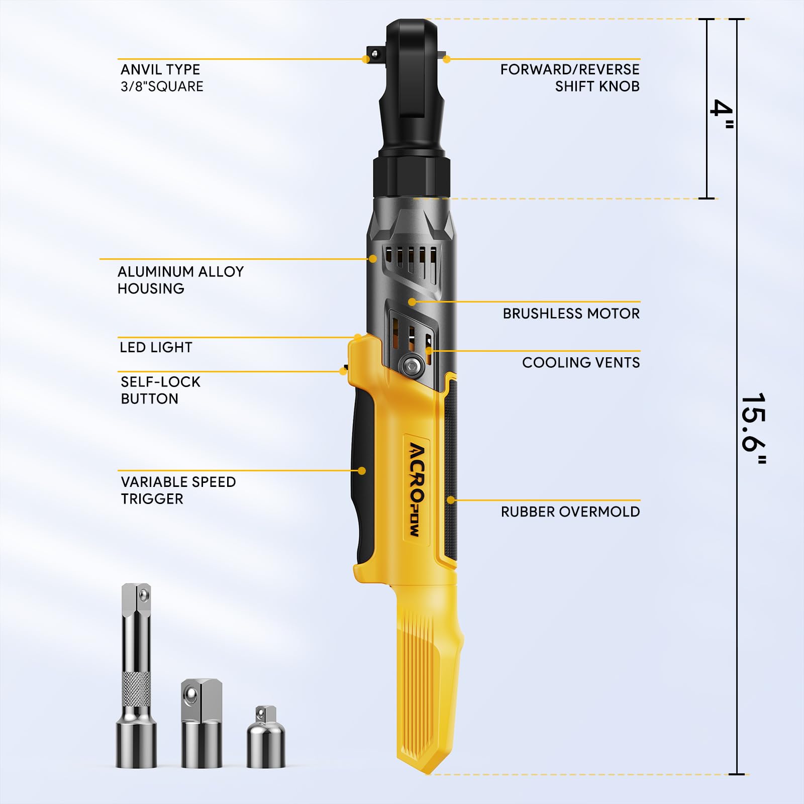 ACROPOW 3/8" Cordless Ratchet Wrench, Compatible with DEWALT 20V MAX Battery, 74Ft-Lbs Brushless Motor Electric Ratchet with Variable Speed, 1/2" & 1/4" Adapters, 3" Extension Bar (Tool Only)