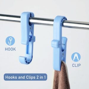 8PCS Plastic Clips for Hanging,Heavy Duty Hanger Clips with Bag,Large Swivel Clothes Pins with Hooks for Bathroom Wardrobe,Strong Laundry Hooks with Clips for Socks Boot Bras Towels（Blue）