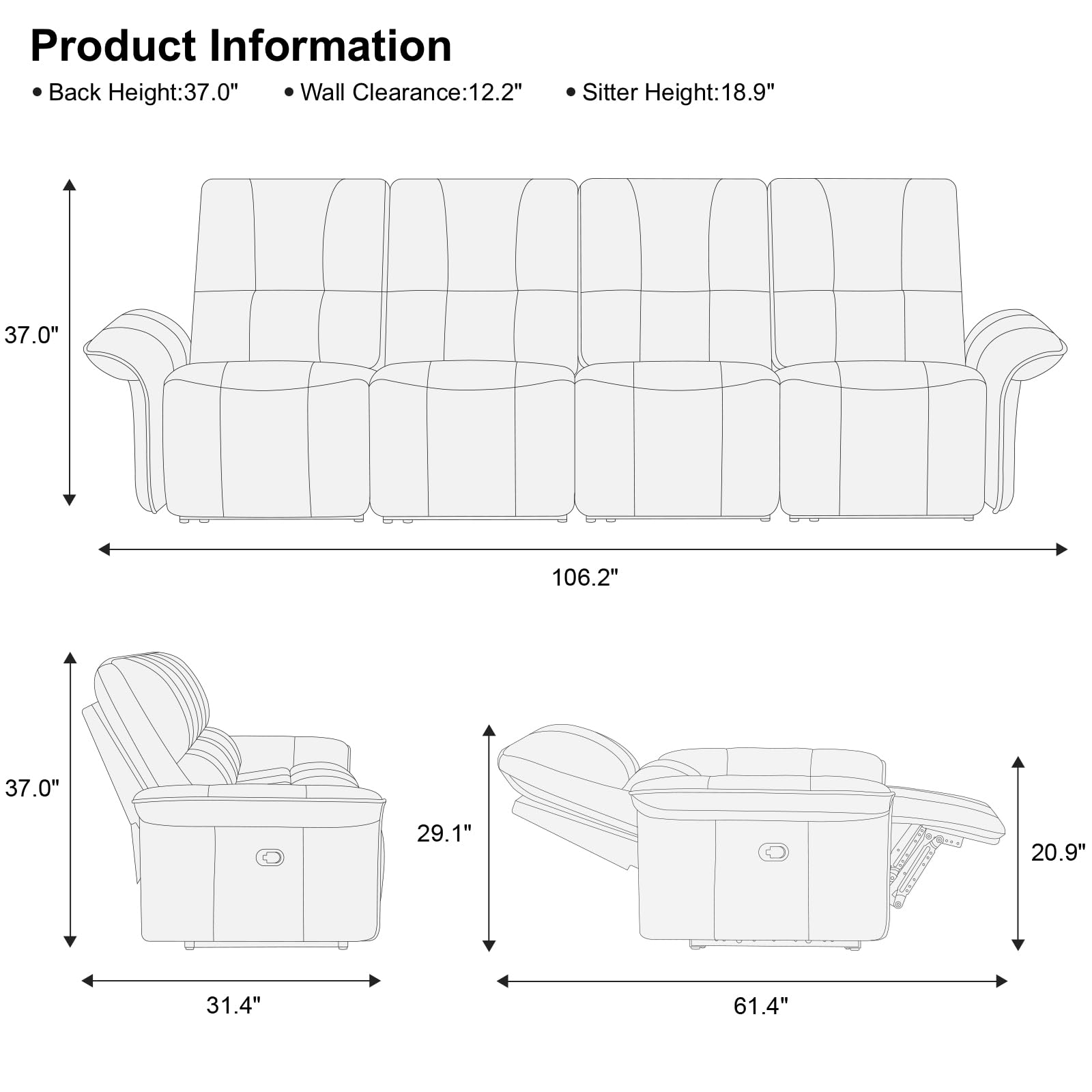 Belffin Brown Leather Recliner Sofa 4-Seater. Office Couch with Recliner, Overstuffed Headrest and Armrest Comfy Recliner Sofa for Living Room.