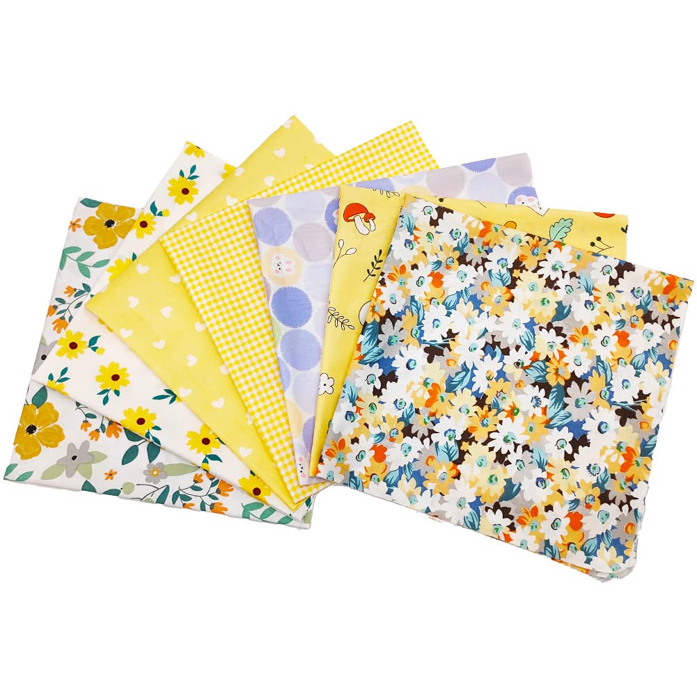 Fat Quarters Fabric Bundles, 7Pcs 100% Cotton 19.69 x 19.69inches(50x50cm) Precut Quilting Fabric Squares Sheets for DIY Patchwork Sewing Quilting Crafting, No Repeat Design (Yellow Flower Pattern)