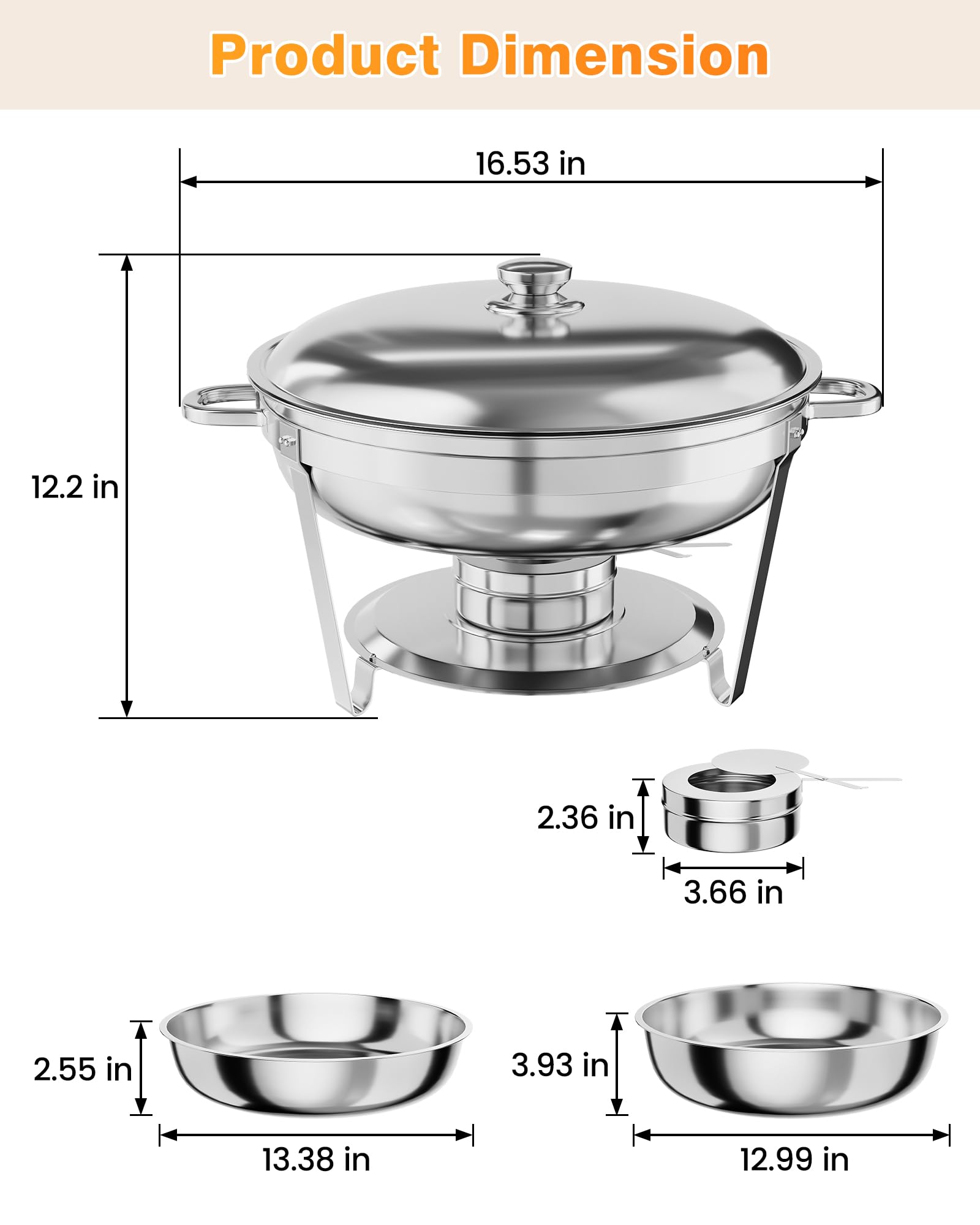 GAOMON 5QT Chafing Dish Buffet Set of 6 Pack, Round Stainless Steel Food Warmers Buffet Servers Sets, Chafer with Food & Water Pan, Lid, Frame, Fuel Holder for Catering and Parties