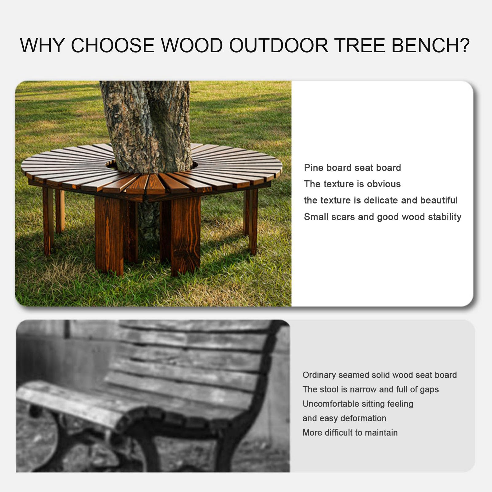 Outdoor Courtyard Bench Wooden Curved Benches Round Park Bench Outdoor Furniture,Solid Wood ​Slatted Seat Fan-Shaped Bench,Garden Tree Bench Backless Bench Patio Half Round Tree Bench Lounge Seating