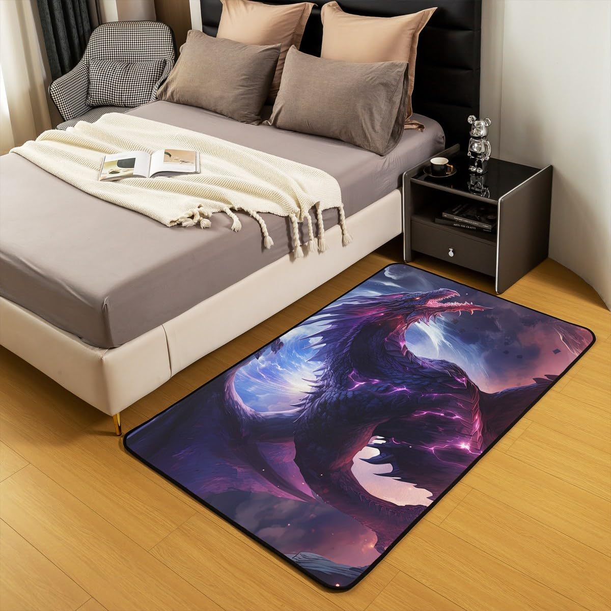 Erosebridal 3D Dragon Area Rug 3x5 Cartoon Magical Animal Rug for Young Fantasy Mysterious Wildlife Carpet Purple Red Volcano Fire Washable Decorative Rug for Living Room