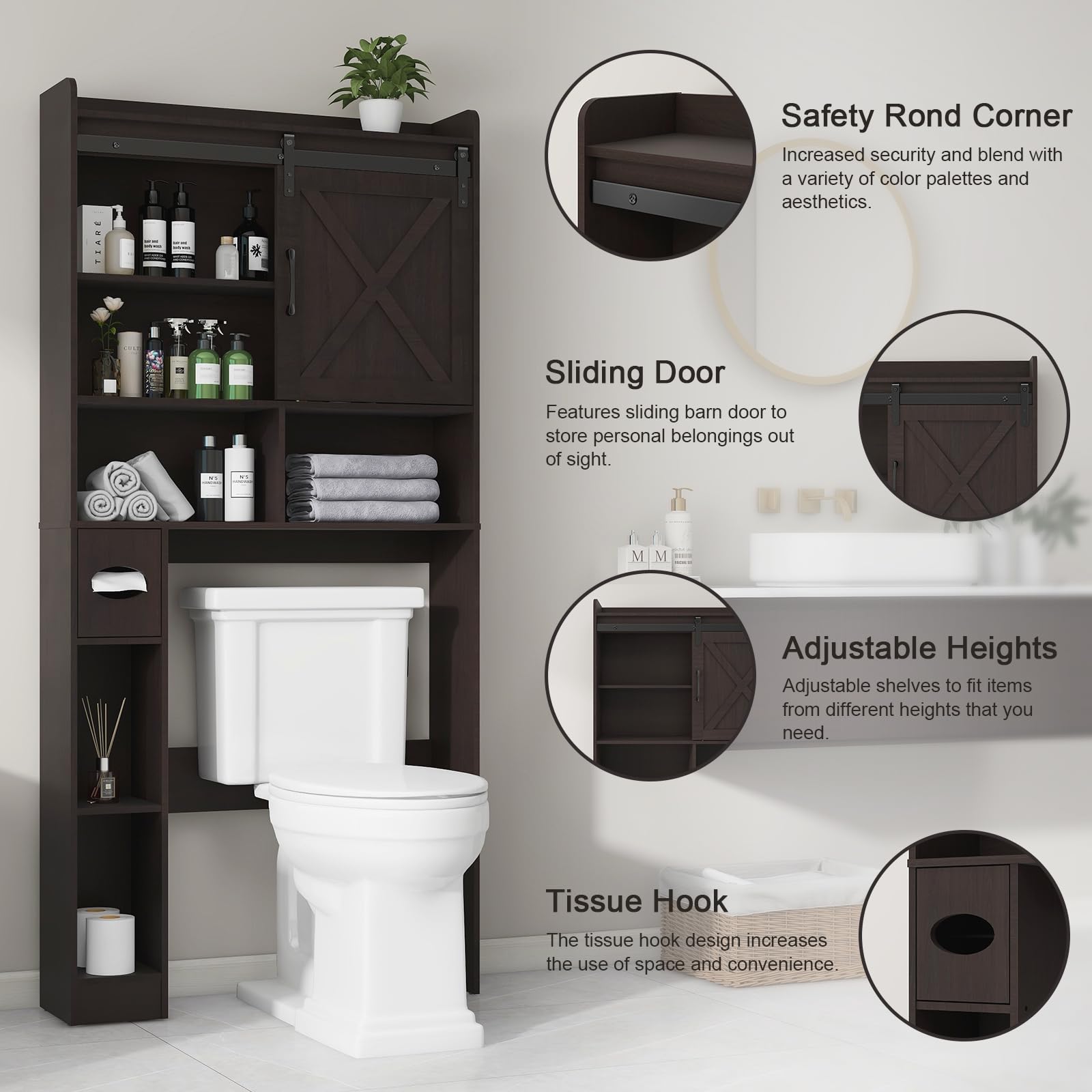 Over The Toilet Storage Cabinet, Farmhouse Storage Cabinet Over Toilet with Sliding Barn Door & Toilet Paper Holder Stand，Home Space-Saving Toilet Rack, for Bathroom, Restroom, Laundry