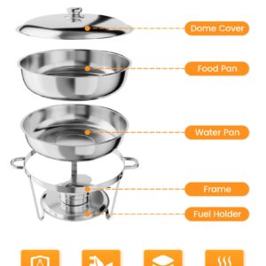 GAOMON 5QT Chafing Dish Buffet Set of 6 Pack, Round Stainless Steel Food Warmers Buffet Servers Sets, Chafer with Food & Water Pan, Lid, Frame, Fuel Holder for Catering and Parties