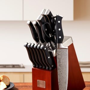 Knife Block Set, FOHERE 14 Pieces Razor-Sharp Self Sharpening Knife Set, High Carbon Stainless Steel Waved Pattern Knife Set with Block, Rust & Stain Resistant Kitchen Knives and Triple Riveted Handle