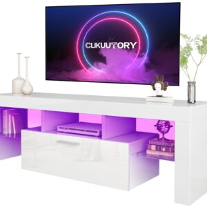 Clikuutory White LED TV Stand with Large Storage Drawer for 32 40 50 55 Inch TVs, Modern High Gloss TV Console Table with Entertainment Center for Living Room, Bedroom, White