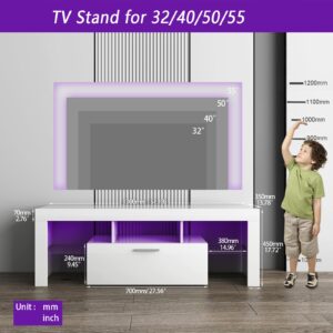 Clikuutory White LED TV Stand with Large Storage Drawer for 32 40 50 55 Inch TVs, Modern High Gloss TV Console Table with Entertainment Center for Living Room, Bedroom, White