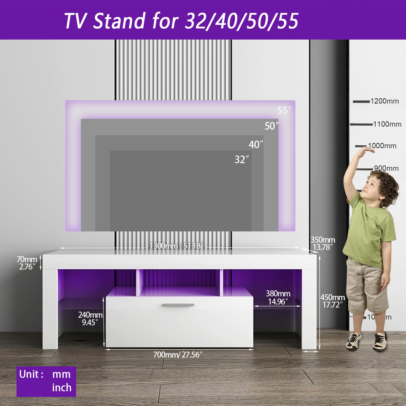 Clikuutory White LED TV Stand with Large Storage Drawer for 32 40 50 55 Inch TVs, Modern High Gloss TV Console Table with Entertainment Center for Living Room, Bedroom, White