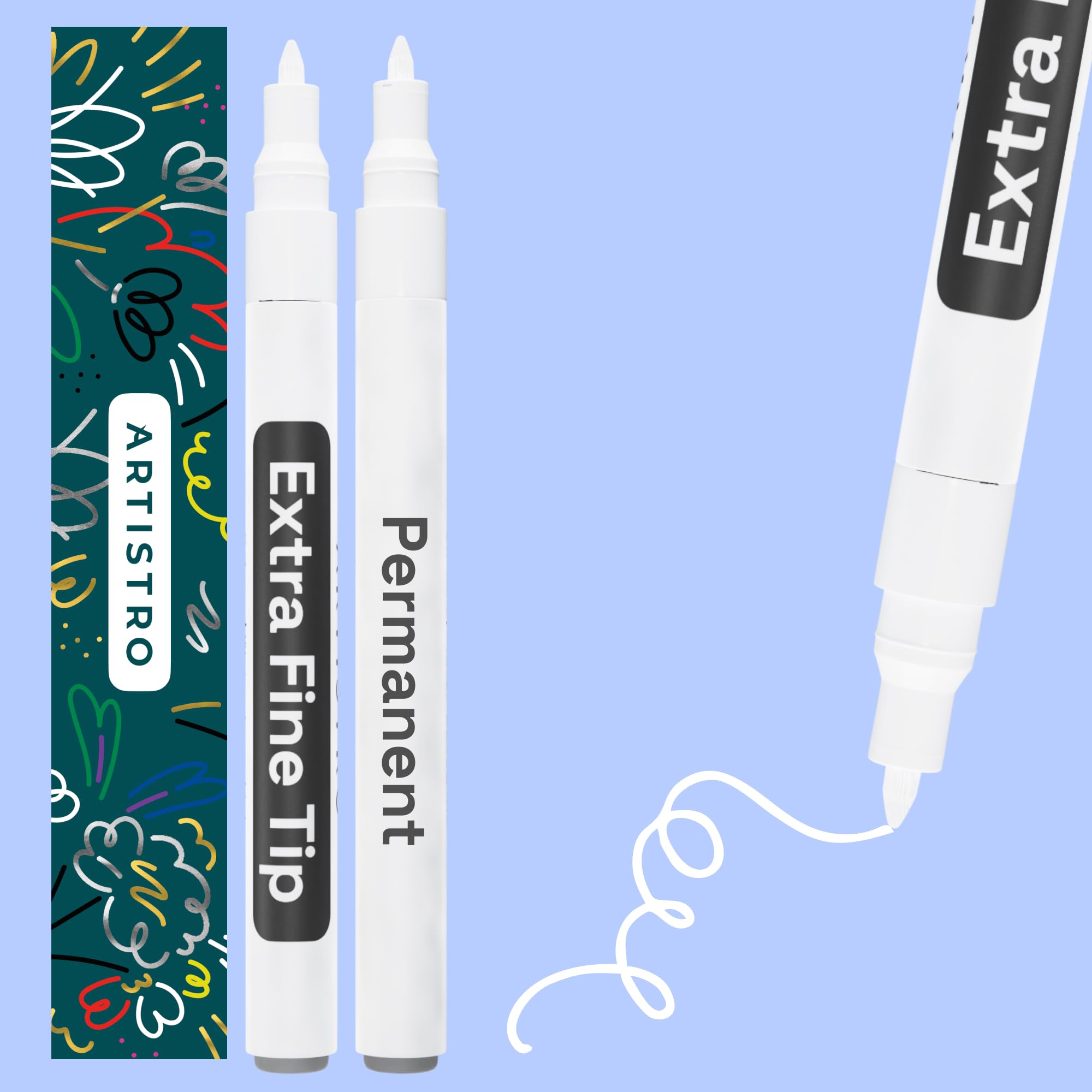 ARTISTRO 2 White Permanent Marker - Waterproof Markers for Fabric, Rocks, Glass, Wood, Paper - Oil Based Paint Pens - Extra-Fine Tip 0.7mm