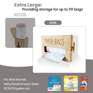 BAZT - Wall-Mounted Bamboo Trash Bag Dispenser Organizer - Extra Large Garbage Bag Roll Holder for Kitchen - Trash Bag Holder