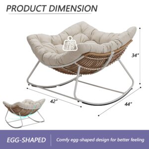 Naga Bahna Royal Rocking Chair, Outdoor Rocking Papasan Chair with Padded Beige Cushion Rocker Recliner Chair, Oversized Metal White Frame Rattan Egg Chair for Patio, Porch, Living Room