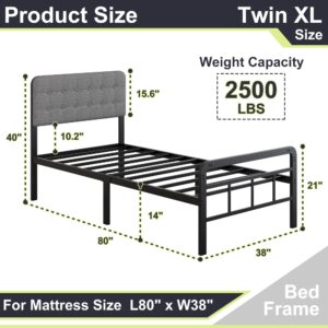 Cieemine Twin XL Bed Frame with Upholstered Headboard and Metal Footboard 14 Inch, XL Twin Platform Bed Frame with Strong Metal Slats Support, Grey, Under Bed Storage, Noise Free, Easy Assembly