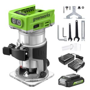 greenworks 24v cordless trim router, variable speed brushless motor compact palm router with 2ah battery and charger