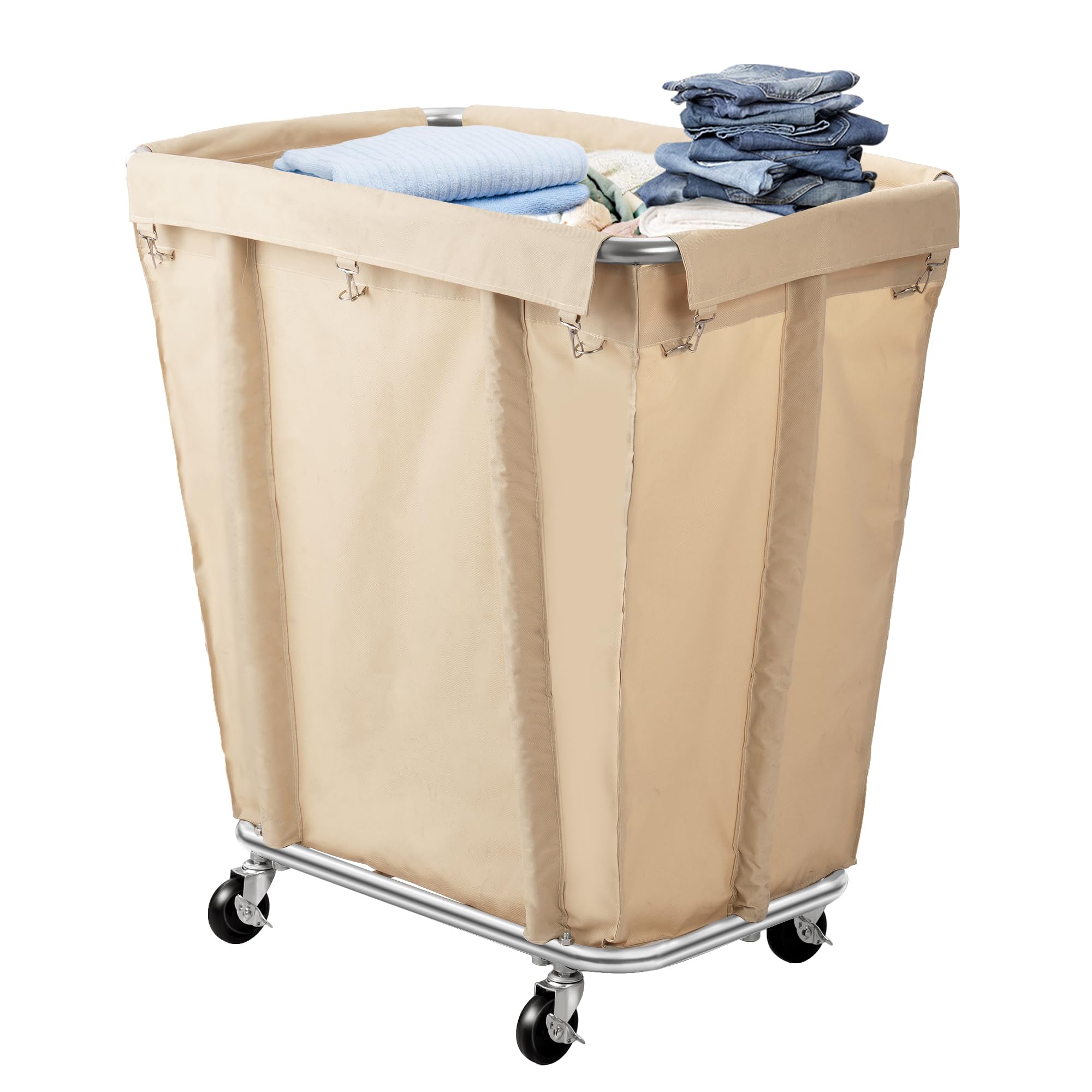 Rengue Laundry Cart with Wheels, 320 L Capacity Commercial Laundry Sorter Rolling Laundry Hamper with Waterproof Oxford Basket and Sturdy Steel Frame, 260 lbs Load, Beige