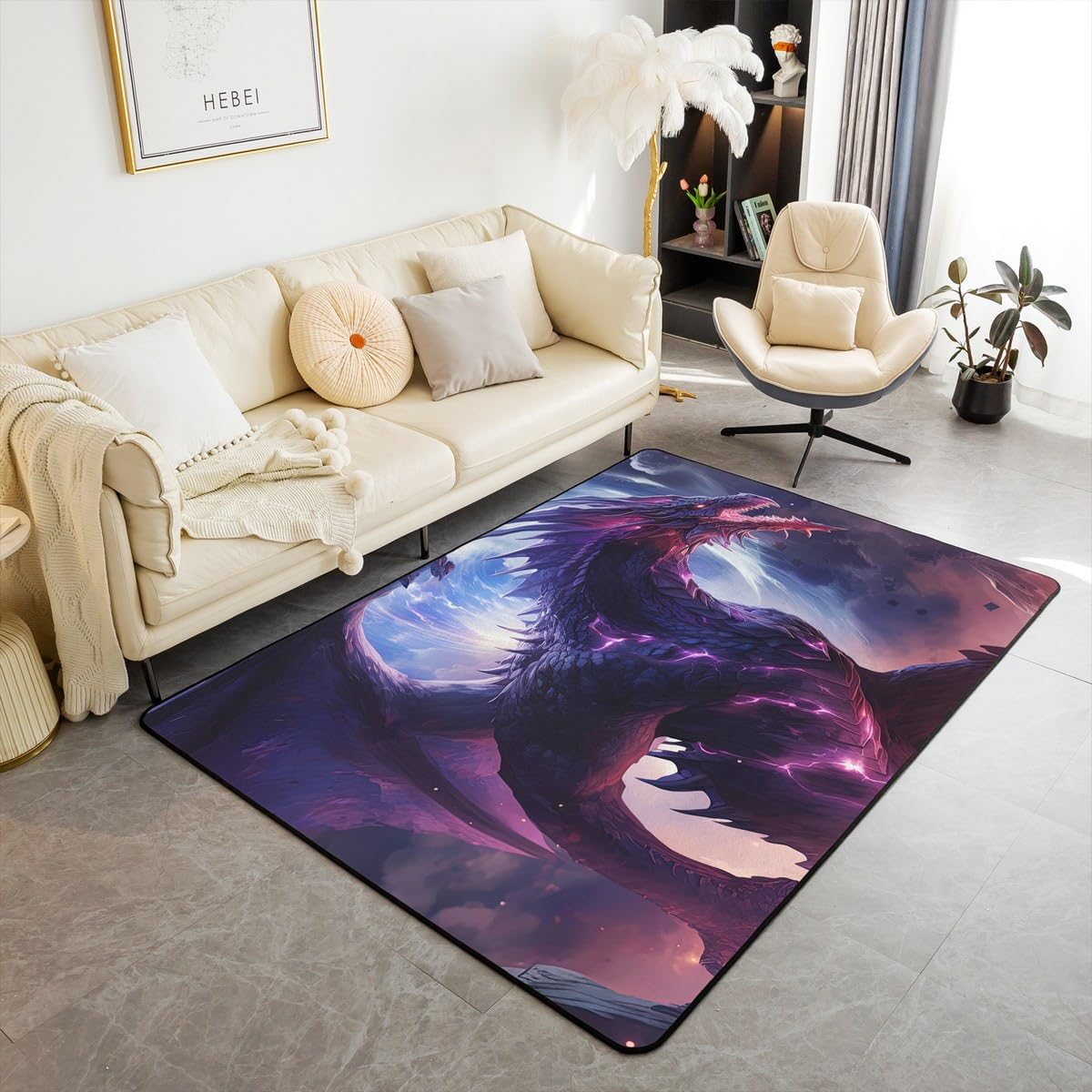 Erosebridal 3D Dragon Area Rug 3x5 Cartoon Magical Animal Rug for Young Fantasy Mysterious Wildlife Carpet Purple Red Volcano Fire Washable Decorative Rug for Living Room