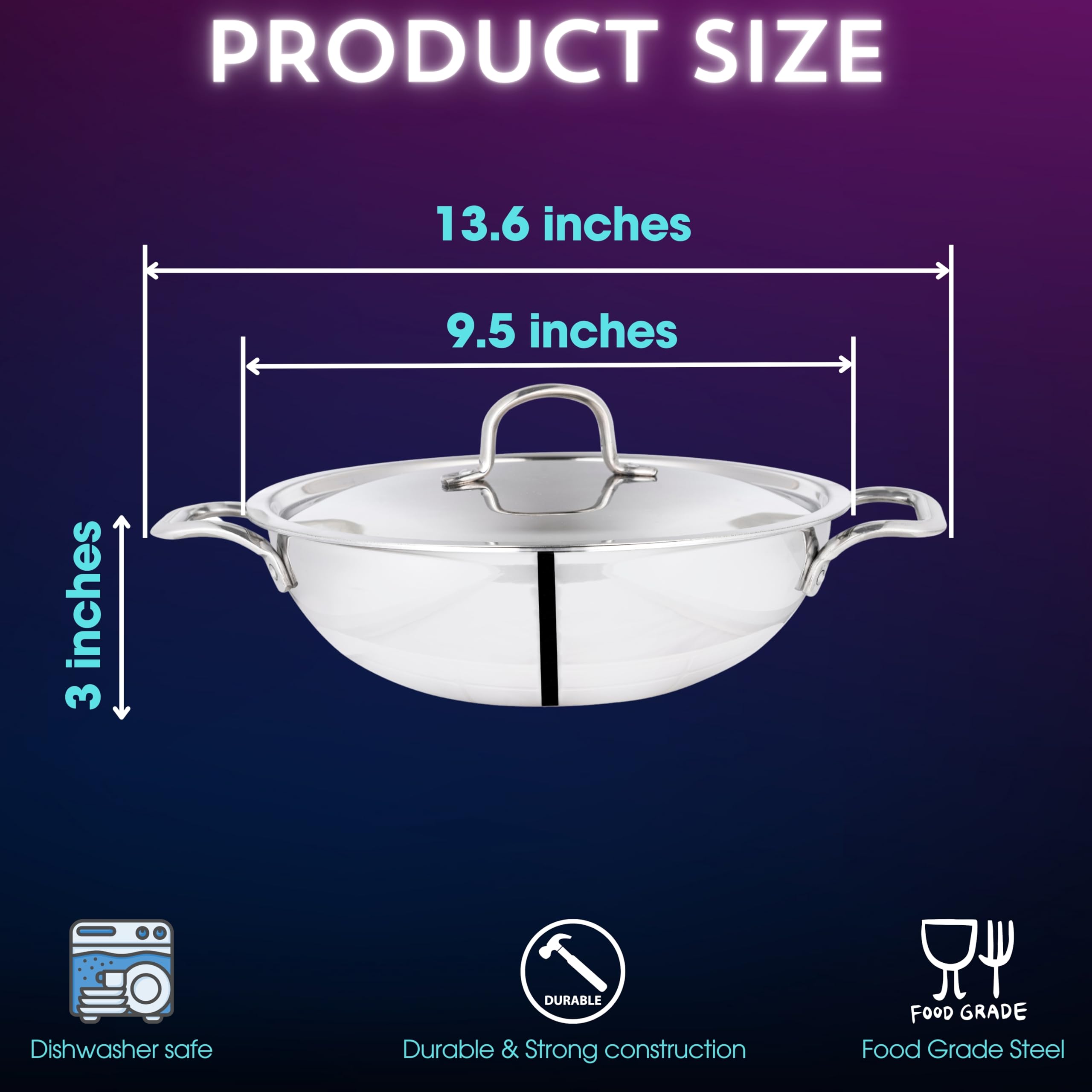 WG inc TRIPLY Stainless Steel Kadhai with Lid - Tri-Ply Wok Cookware - Sauces, Stews, Deep Frying Saute Pan Induction Friendly - Dishwasher Safe (9.5" Dia) (2.5 QT / 2.4 Litres)