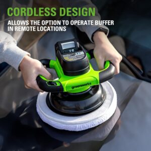 Greenworks 24V Powerful Cordless Car Buffer & Polisher, 10-inch pad 2800 RPM waxing machine with 4 Buffing Bonnets, 2.0Ah Battery & 2A Charger included