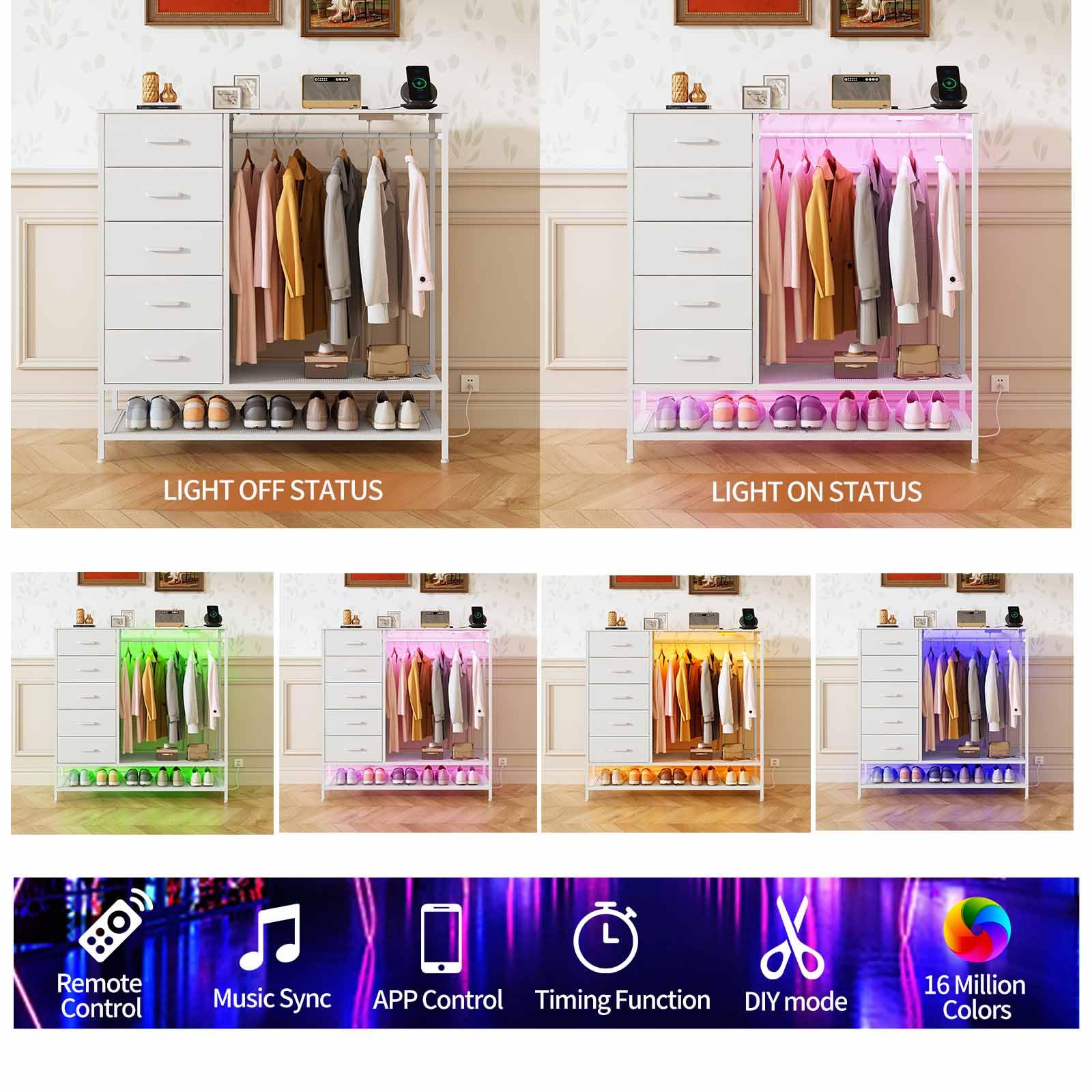 Dresser for Bedroom, Dresser with Hanging Rack Led Lights and Charging Station, White Bedroom Dresser with 5 Fabric Chest of Drawers with PU Finish Storage Organizer, for Living Room Kids Room, White