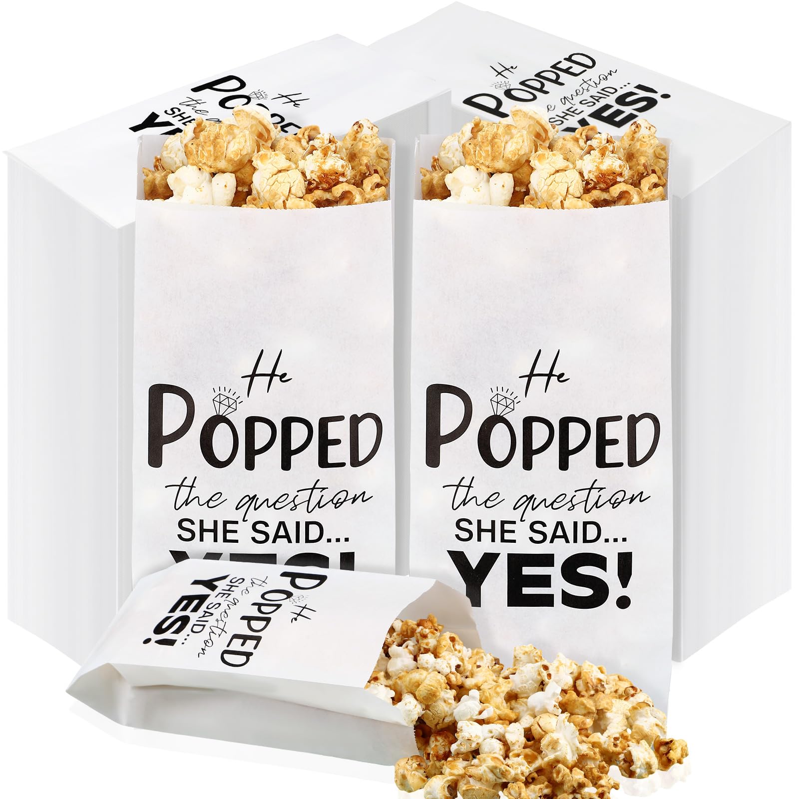 Sunnychicc 200 pcs He Popped the Question Popcorn Bags Engagement Party Favors Wedding Bridal Shower Engaged Goody Snack Treat Bag Grease Resistant