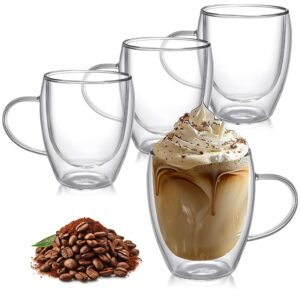 tecohors 8 ounces set of 4 double walled glass coffee mugs with with handle insulated layer coffee cups borosilicate glass espresso double insulated clear glass coffee mug for hot beverages