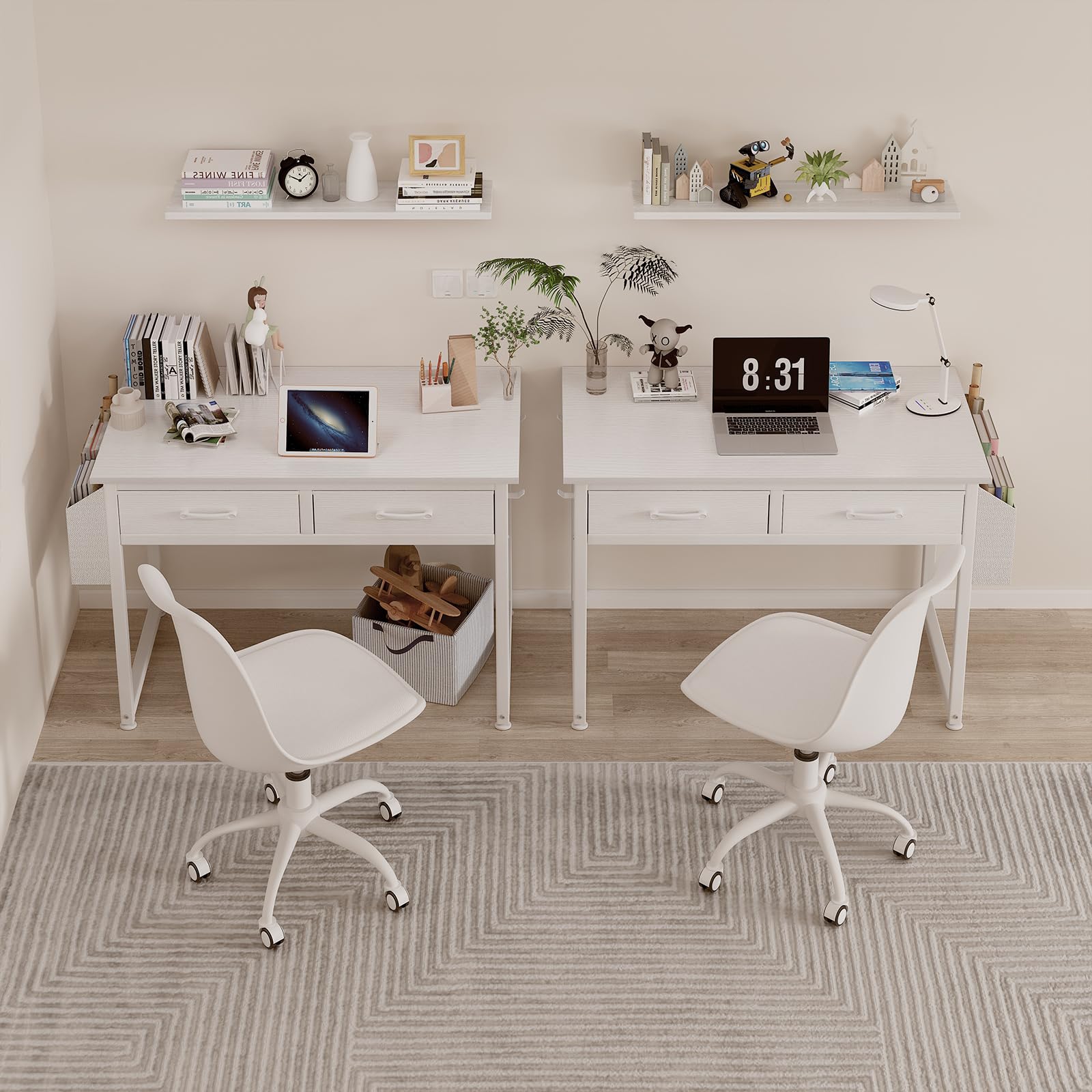 DLisiting White Small Desk with Fabric Drawers - 32 Inch Vanity Desk with Storage Drawer and Bag for Bedroom, Study Writing Table for Small Spaces, White