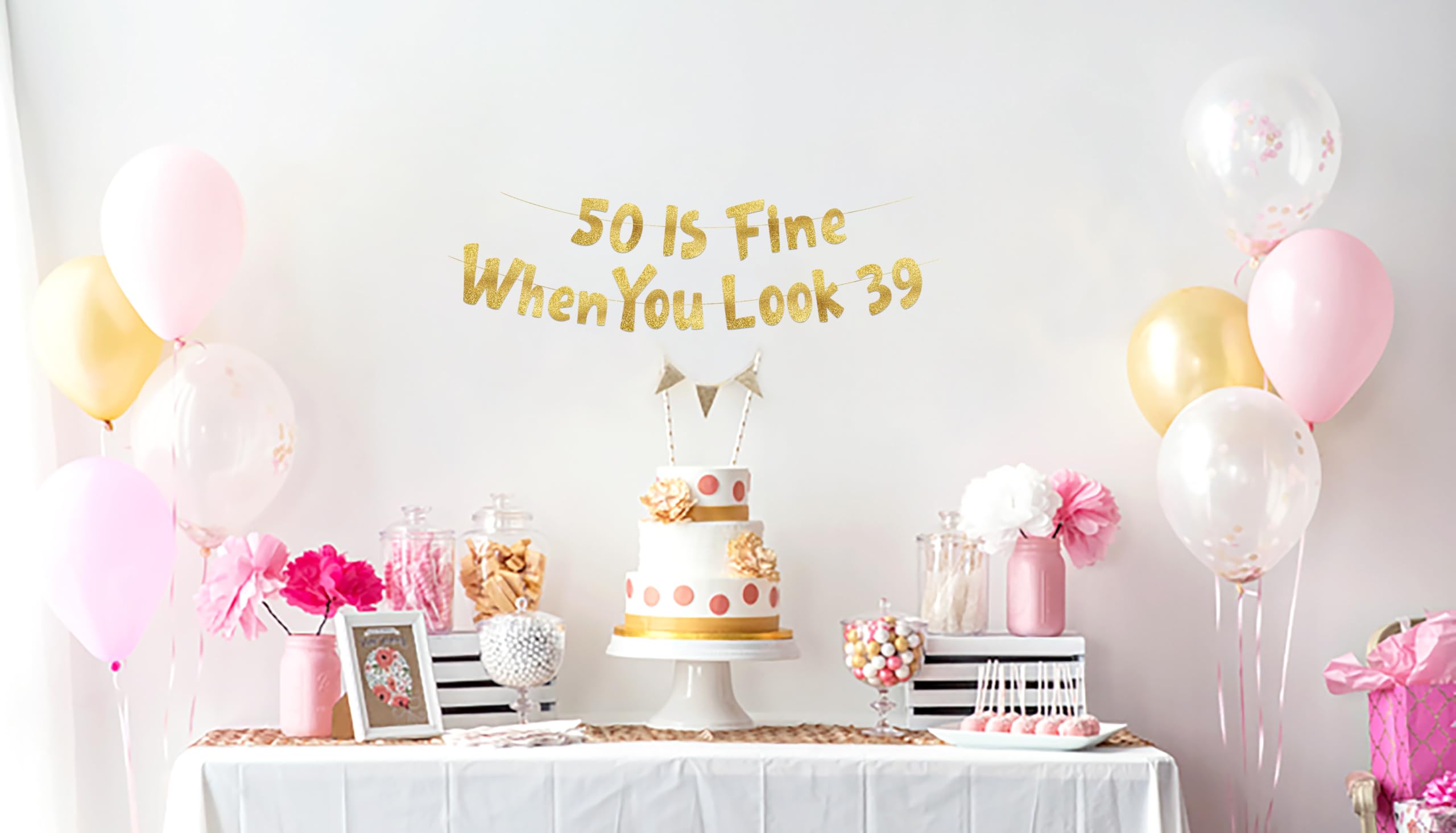 50 Is Fine When You Look 39 Gold Glitter Banner - Happy 50th Birthday Party Decorations and Supplies