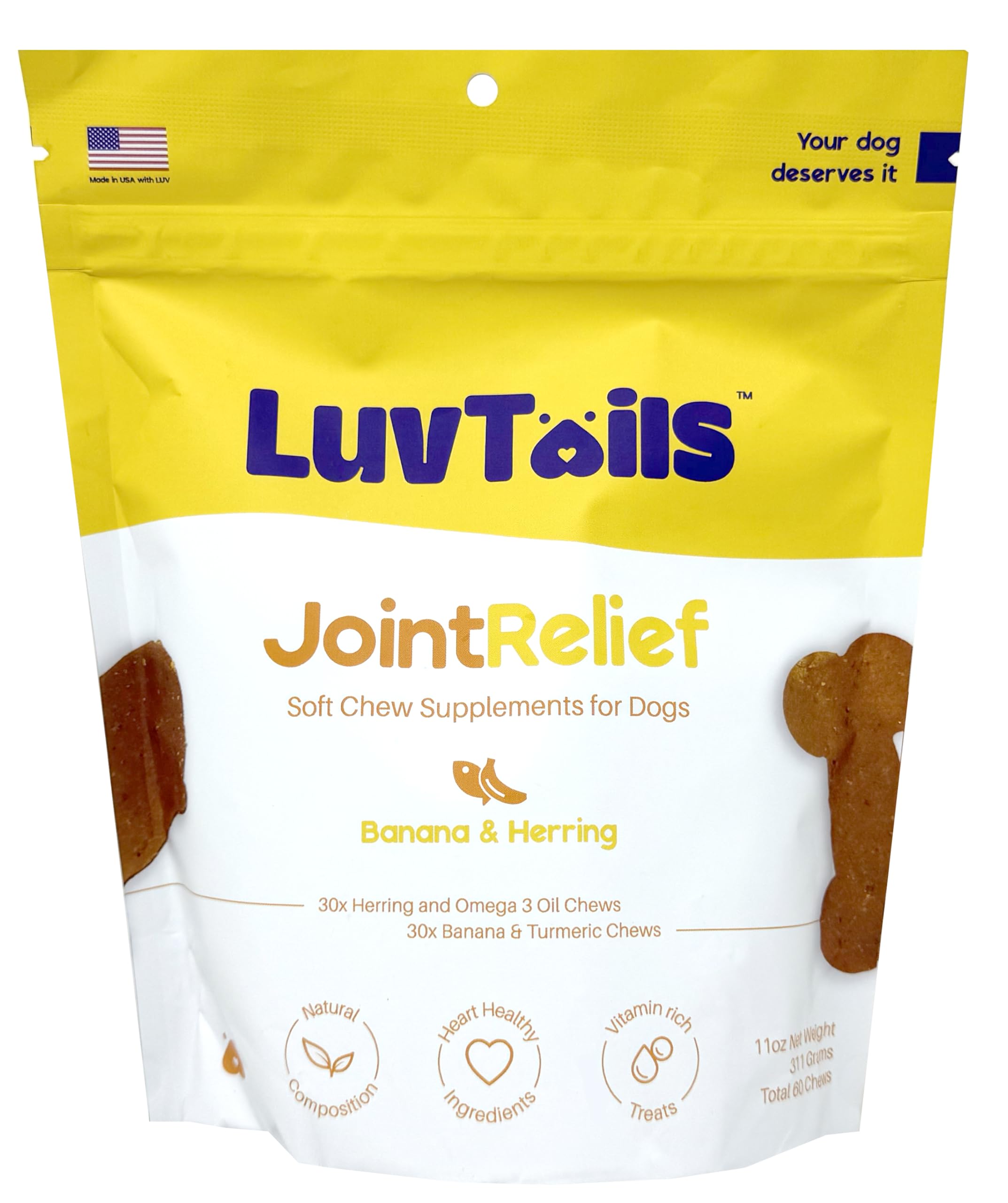 LuvTails Joint Relief Soft Chew Supplements for Dogs, Omega 3 for Dogs Chewable EPA, DHA Dog Omega 3 Supplement with Herring Oil, Turmeric, Banana Powder 60 Chews