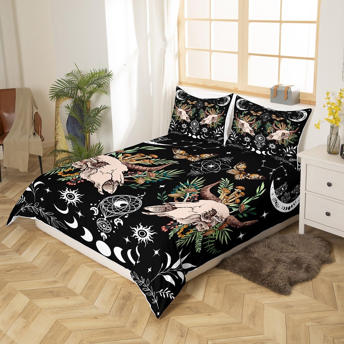 Sun Moon Dreamcatcher Duvet Cover Set Queen Size,Cow Skull Mushroom Plants Bedding Set,Girls Boys Room Decor,Dead Moth Butterfly Boho Comforter Cover,Black White Trippy Quilt Cover,2 Pillowcases