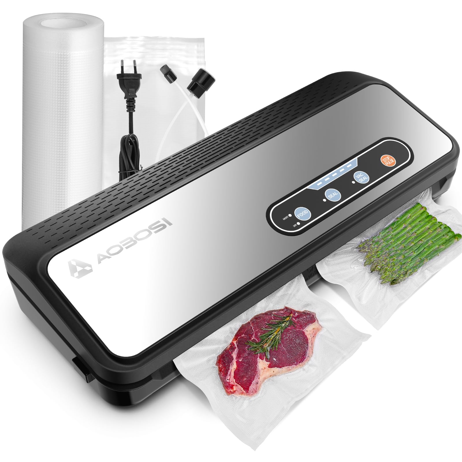 Vacuum Sealer Machine, Aobosi Powerful 90Kpa 8-IN-1 Food Vacuum Sealer for Dry/Moist Food, Built-in Cutter and Bag Storage, Bag Roll & 5 Pre-cut Bags