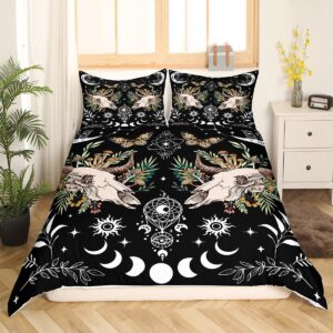 Sun Moon Dreamcatcher Duvet Cover Set Queen Size,Cow Skull Mushroom Plants Bedding Set,Girls Boys Room Decor,Dead Moth Butterfly Boho Comforter Cover,Black White Trippy Quilt Cover,2 Pillowcases