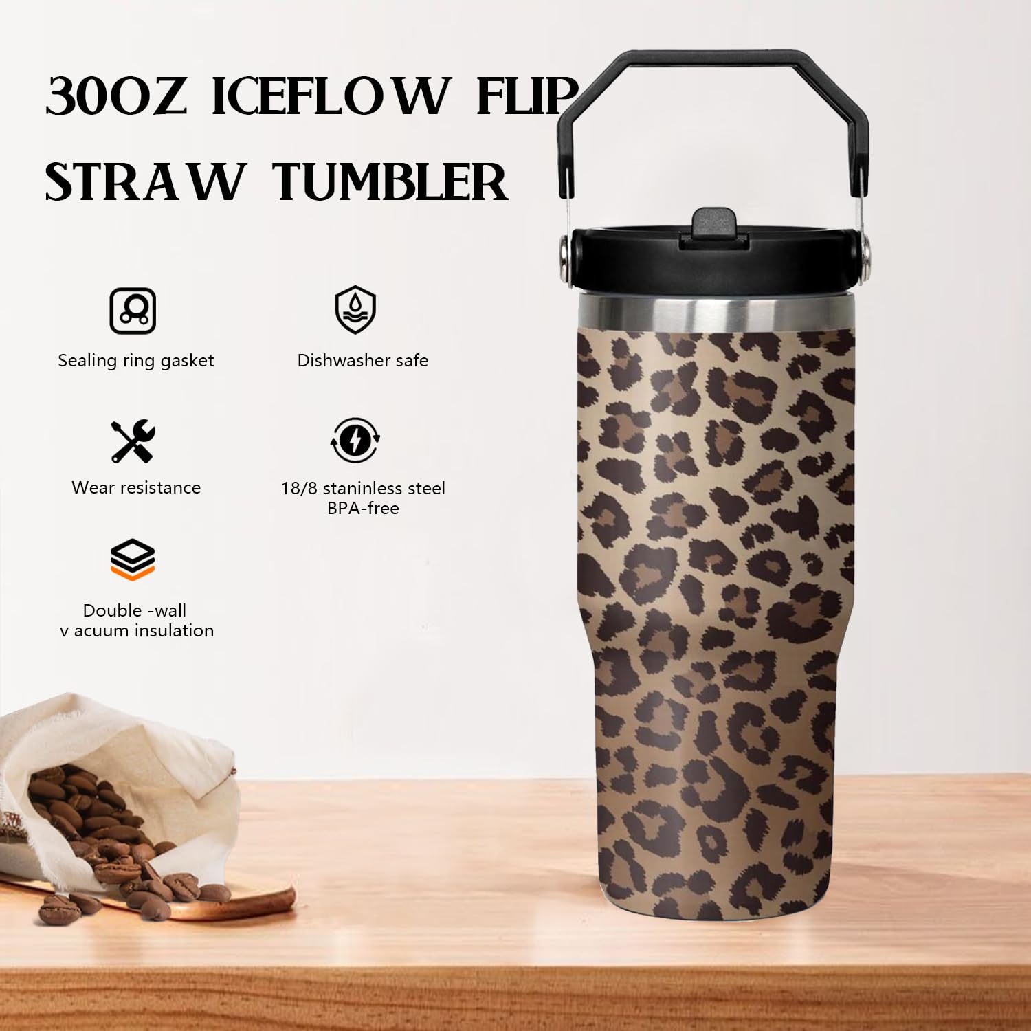 qwpmvhsak 30 oz Tumbler With Handle,Leopard Print Skinny Vacuum Insulated Tumbler With Flip Straw,Cute Cheetah Print Cups Water Bottle CoffeeTravel Tumbler, Leopard Decor/Accessories for Women