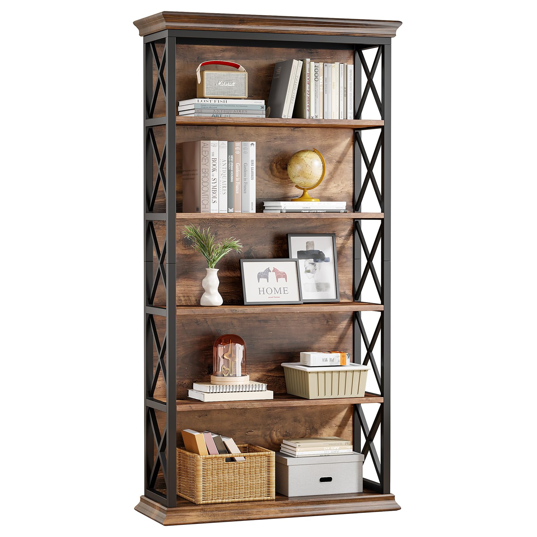 LITTLE TREE 6-Tier Bookcase, 71 Inches Industrial Bookshelves, Floor Standing Display Storage Shelves Tall Bookcase for Home Office, Living Room, Bed Room